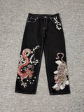 Derschutze Chinese Style Dragon and Tiger Embroidered Jeans, Unisex Wide-Leg Black Casual Trousers