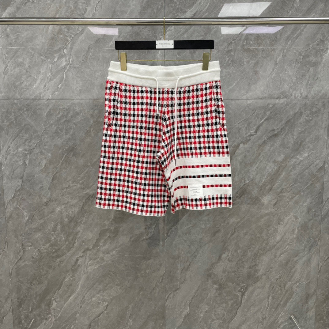 Thom Browne Style Men's Cotton Casual Shorts - Signature Four-Bar Detail Lattice Pattern