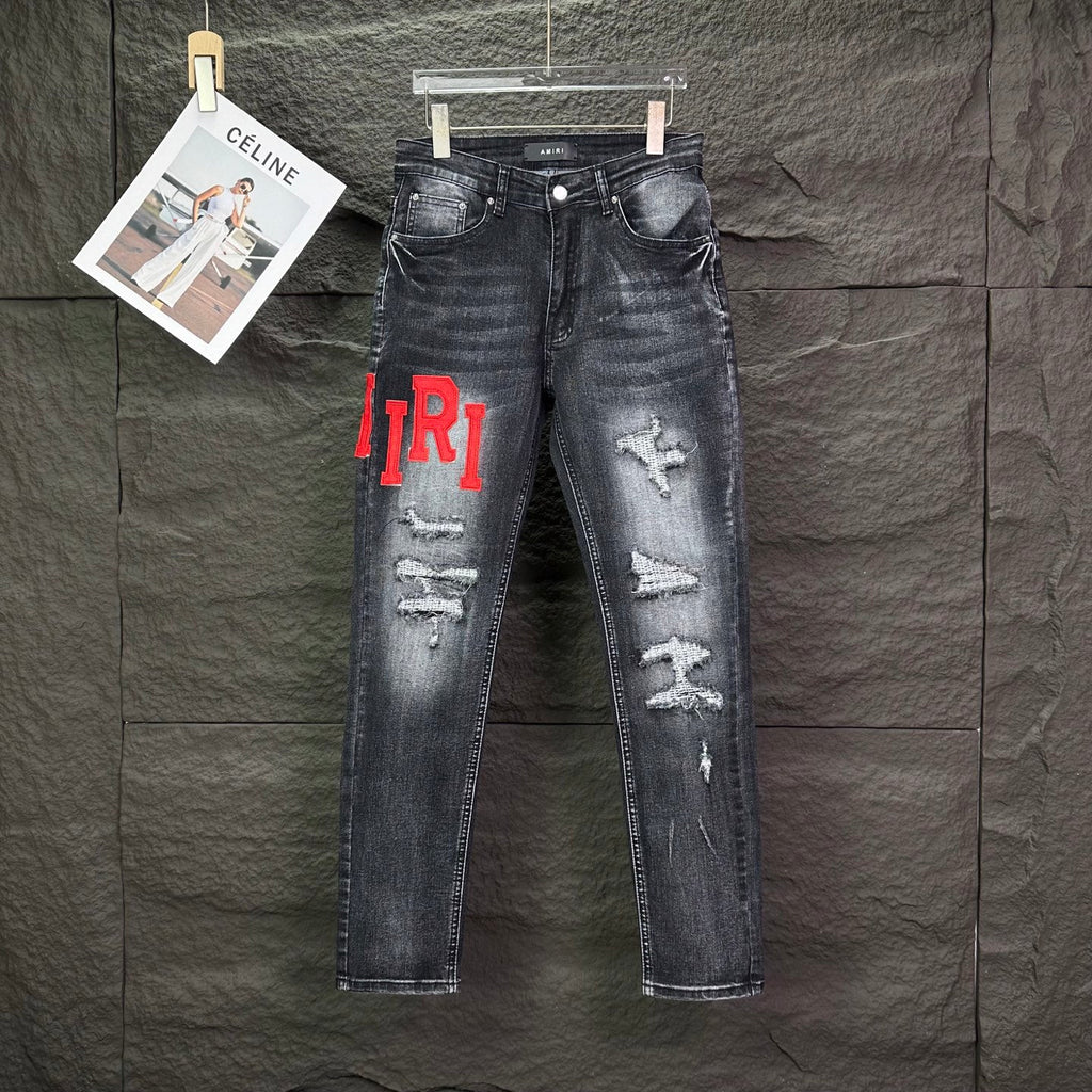 AMIRI Logo‑Print Multi‑Rip Distressed Slim‑Fit Denim Jeans