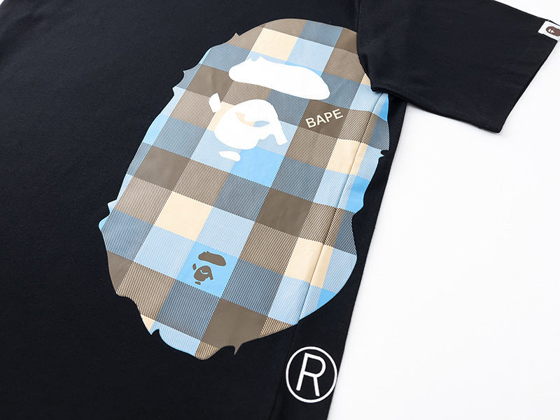 BAPE Blue Plaid Side Ape Head Men's T-Shirt - Black