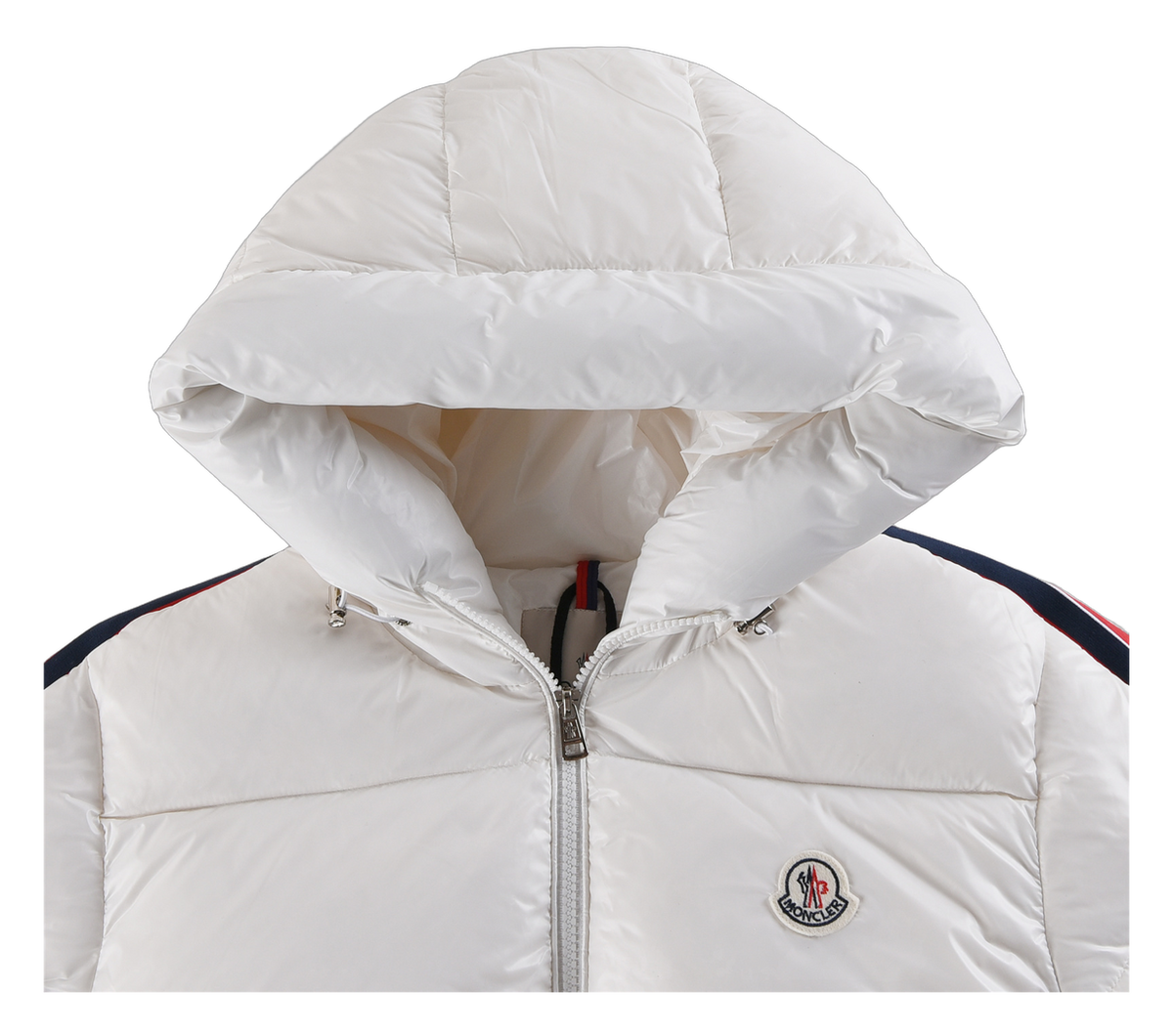 Moncler Tricolour Sleeve-Stripe Hooded Puffer Jacket – White | Premium Down