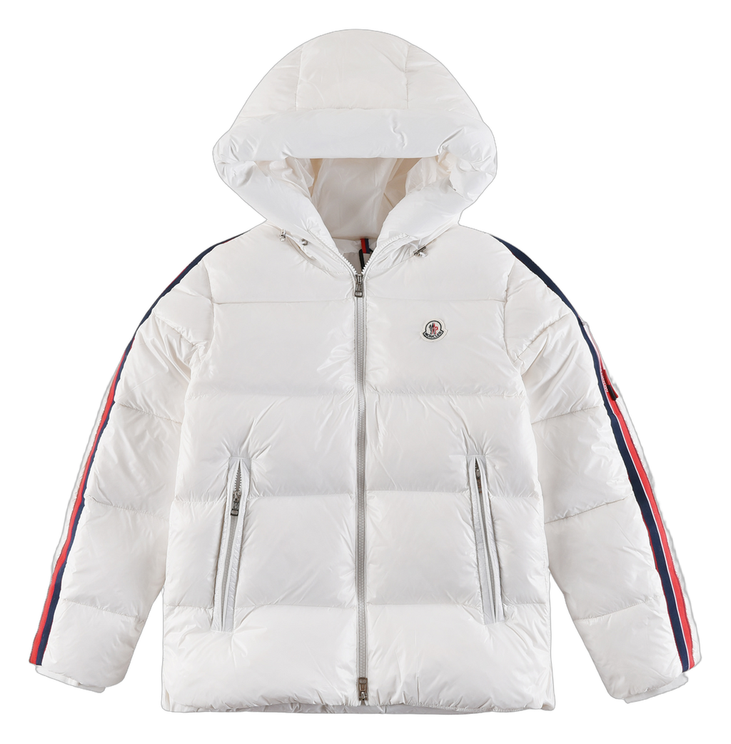 Moncler Tricolour Sleeve-Stripe Hooded Puffer Jacket – White | Premium Down