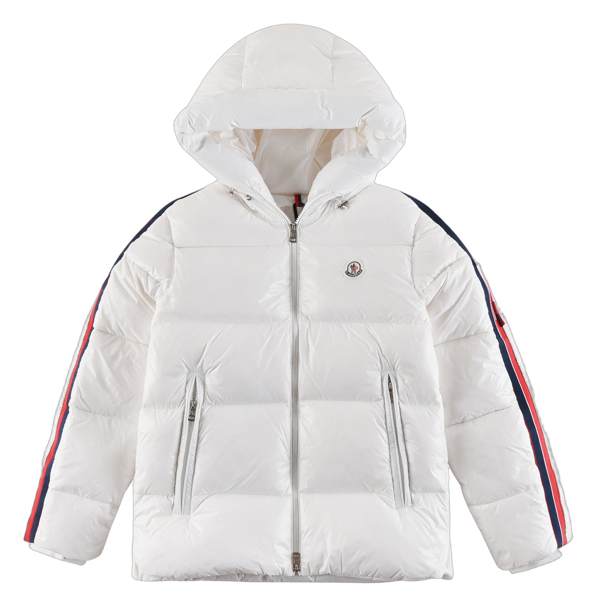 Moncler Tricolour Sleeve-Stripe Hooded Puffer Jacket – White | Premium Down
