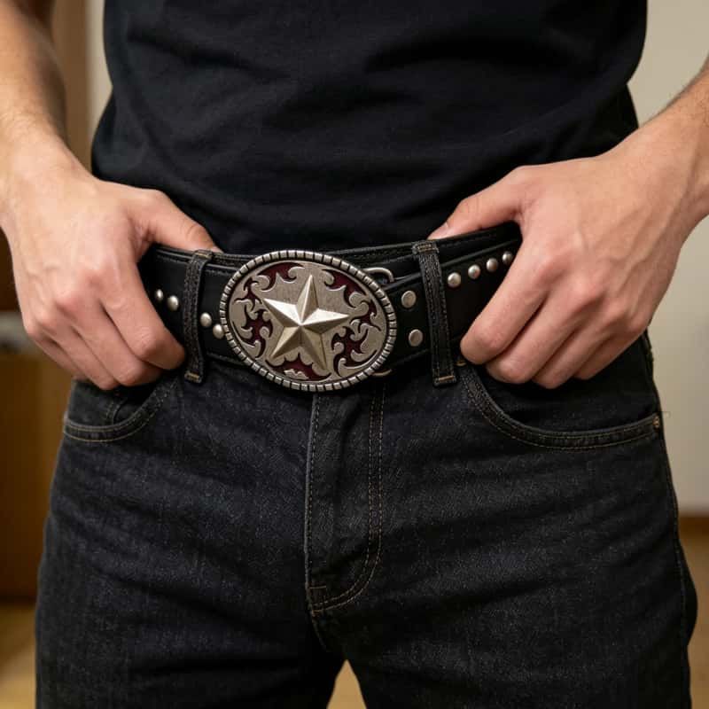 Vintage Western Star Leather Belt Enamel Flame Buckle Rivet Waist Belt