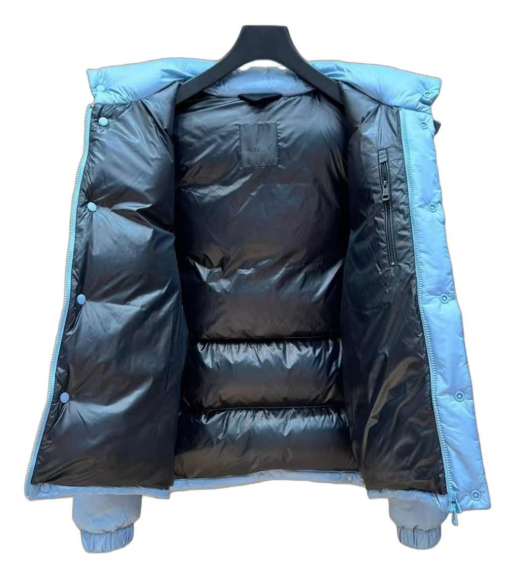 Moncler Orange-Badge Hooded Puffer Jacket – Ice Blue | Premium Down