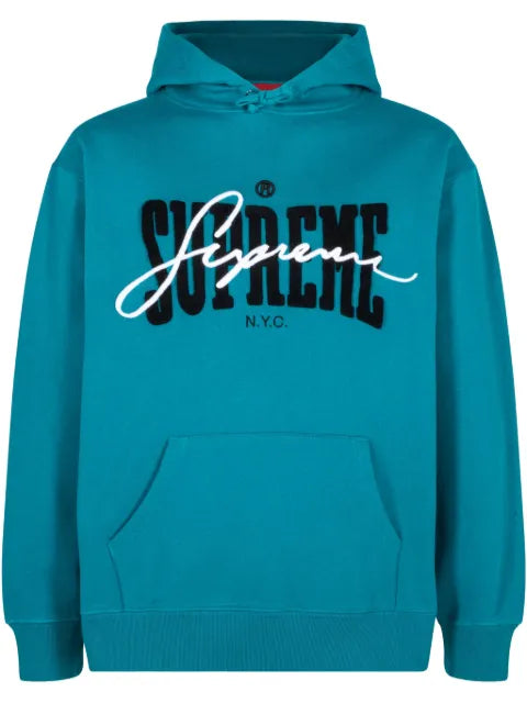 Supreme "SS 22 Dark Teal" chenille-embroidered hoodie
