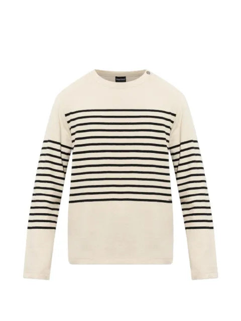 Emporio Armani sweater in striped cotton jersey with shoulder button