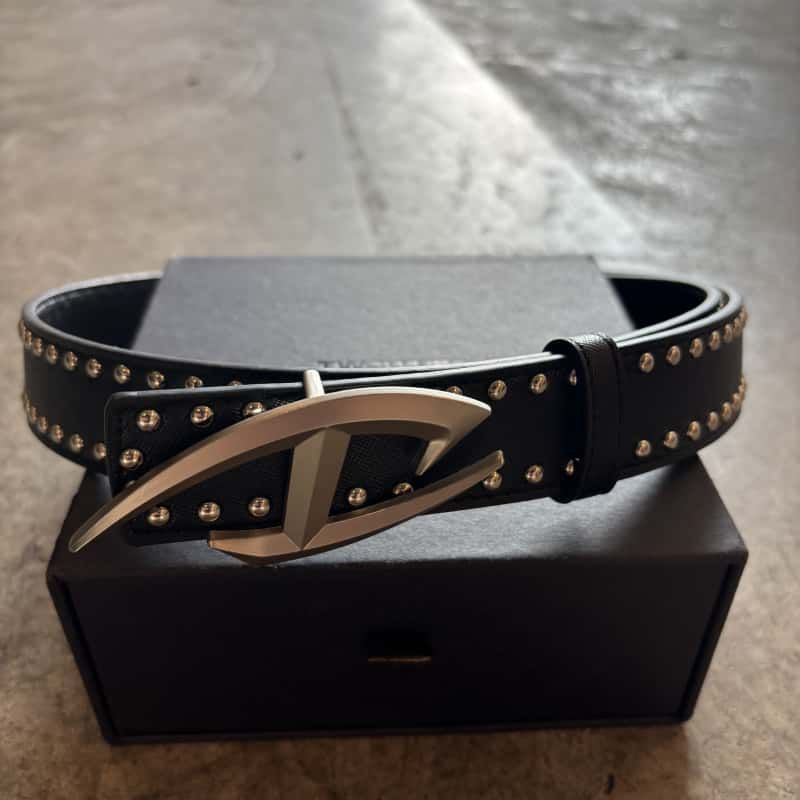 Studded Leather Belt Abstract Angular Metal Buckle Black Unisex Waist