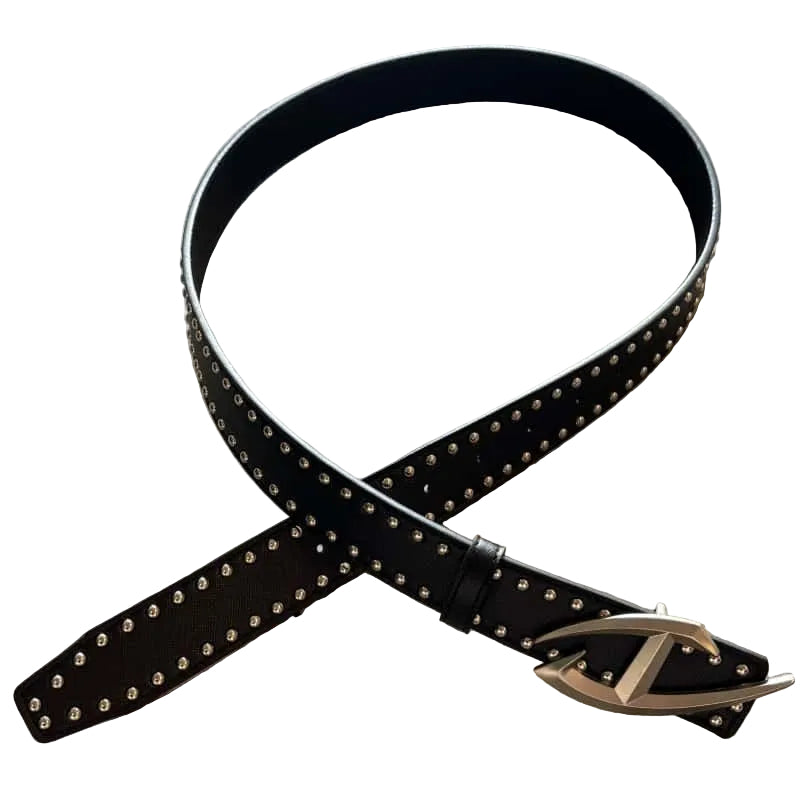 Studded Leather Belt Abstract Angular Metal Buckle Black Unisex Waist
