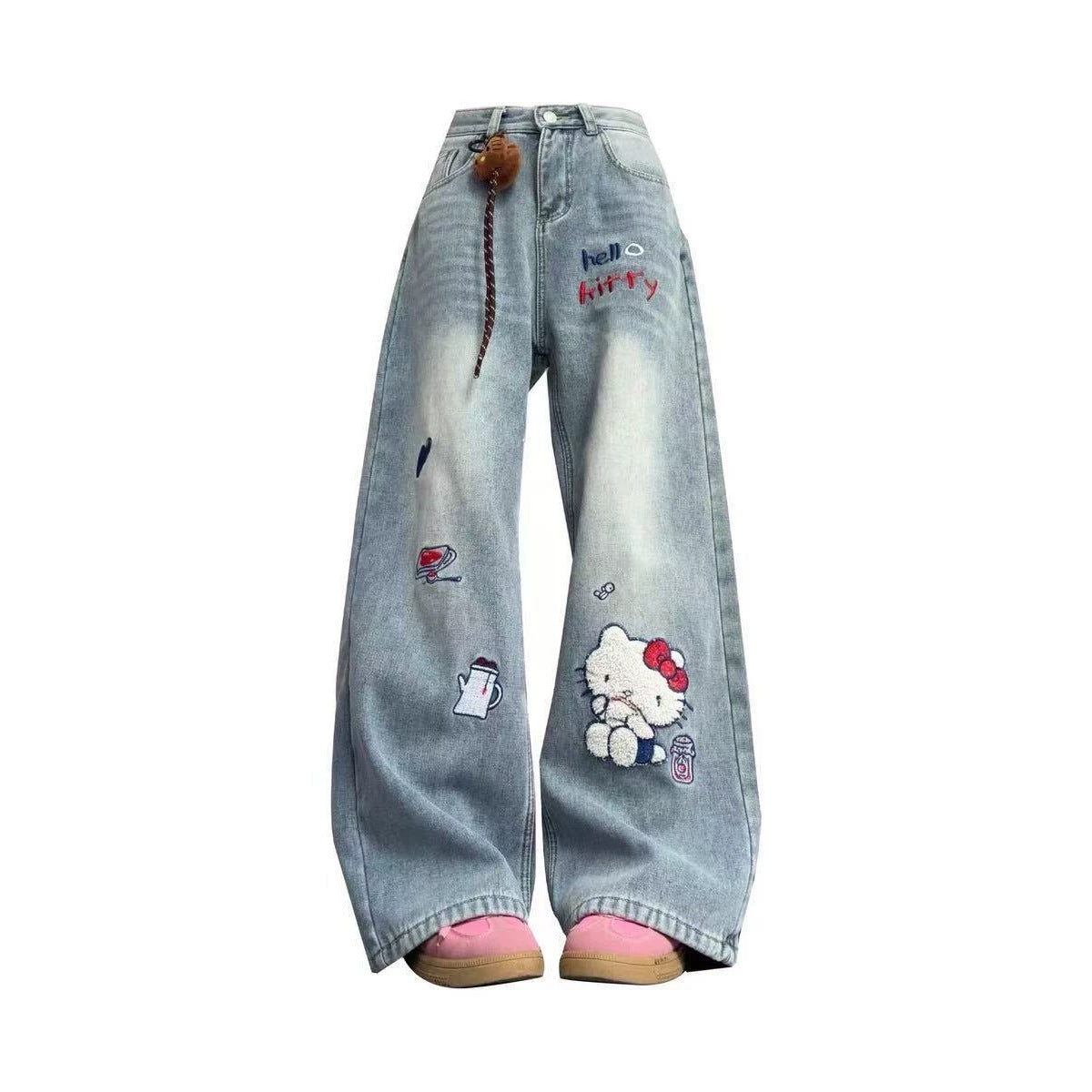 Vintage High Waist Hello Kitty Embroidered Wide Leg Denim Jeans