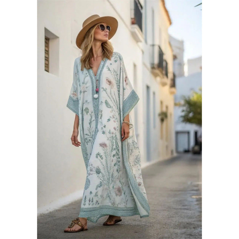 Boho Abstract Print V-Neck Batwing Maxi Kaftan Beach Cover-Up
