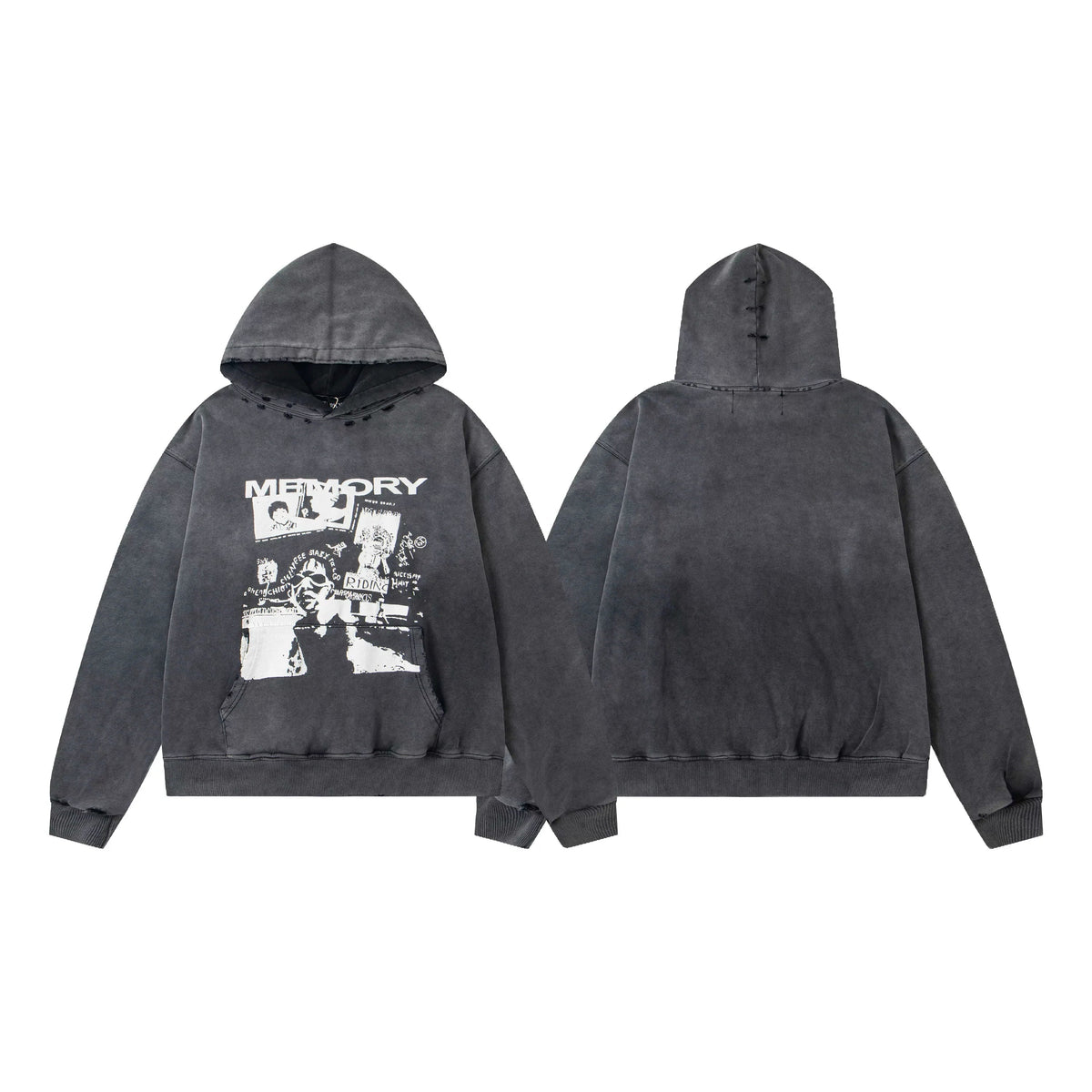 ERD Memory Collage Distressed Pullover Hoodie — Washed Black