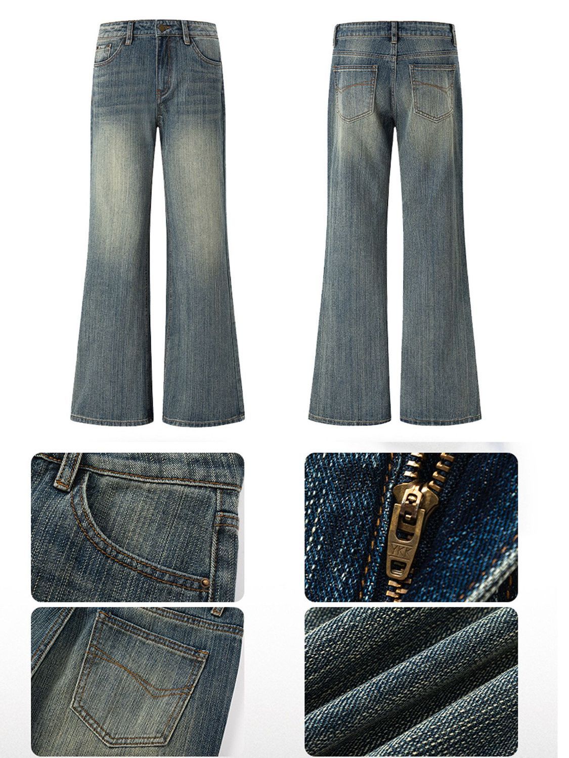 Vintage Washed Slub Flare Denim Jeans High Waist Slim Bootcut Pants