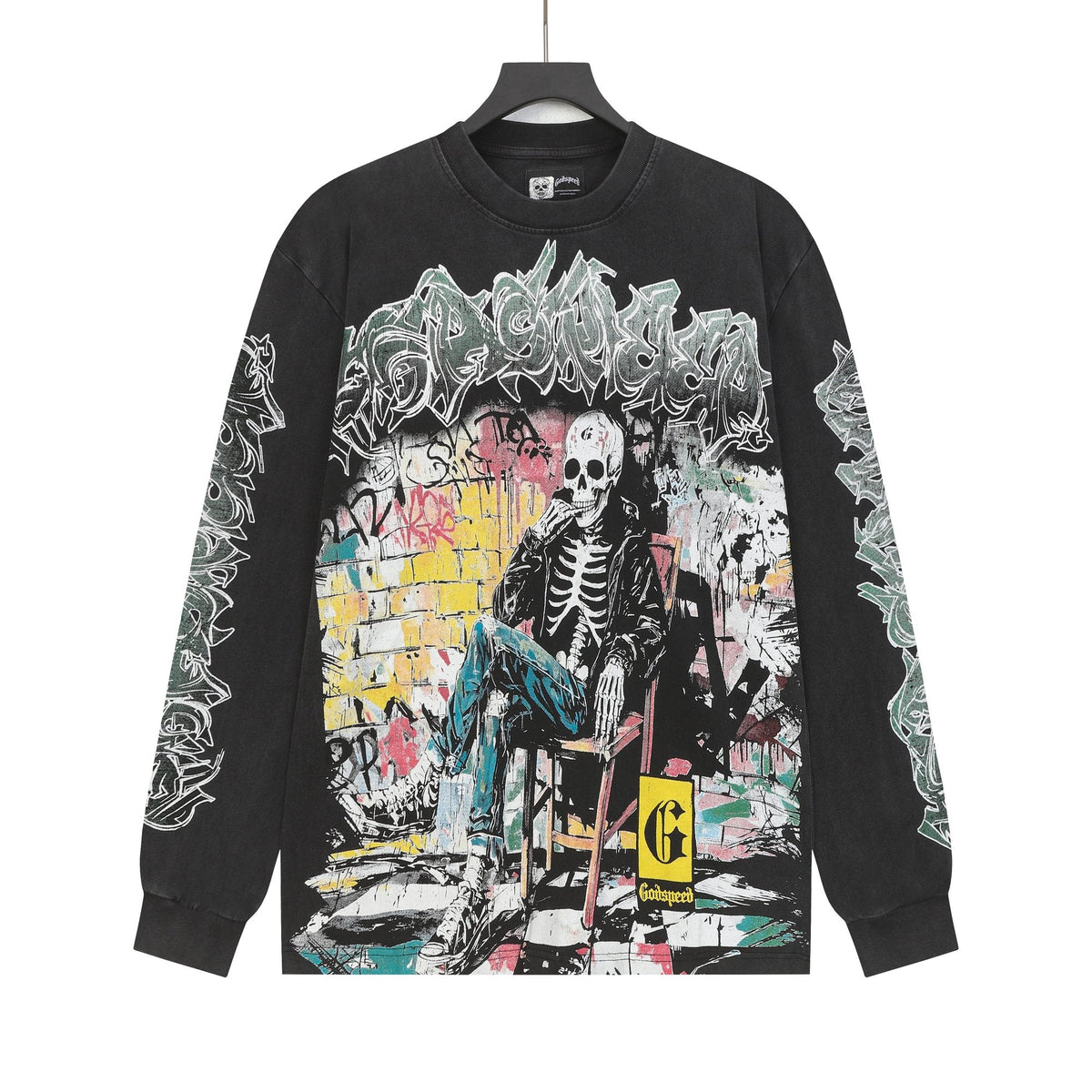 Godspeed Washed Black Skeleton Graphic Long-Sleeve T-Shirt