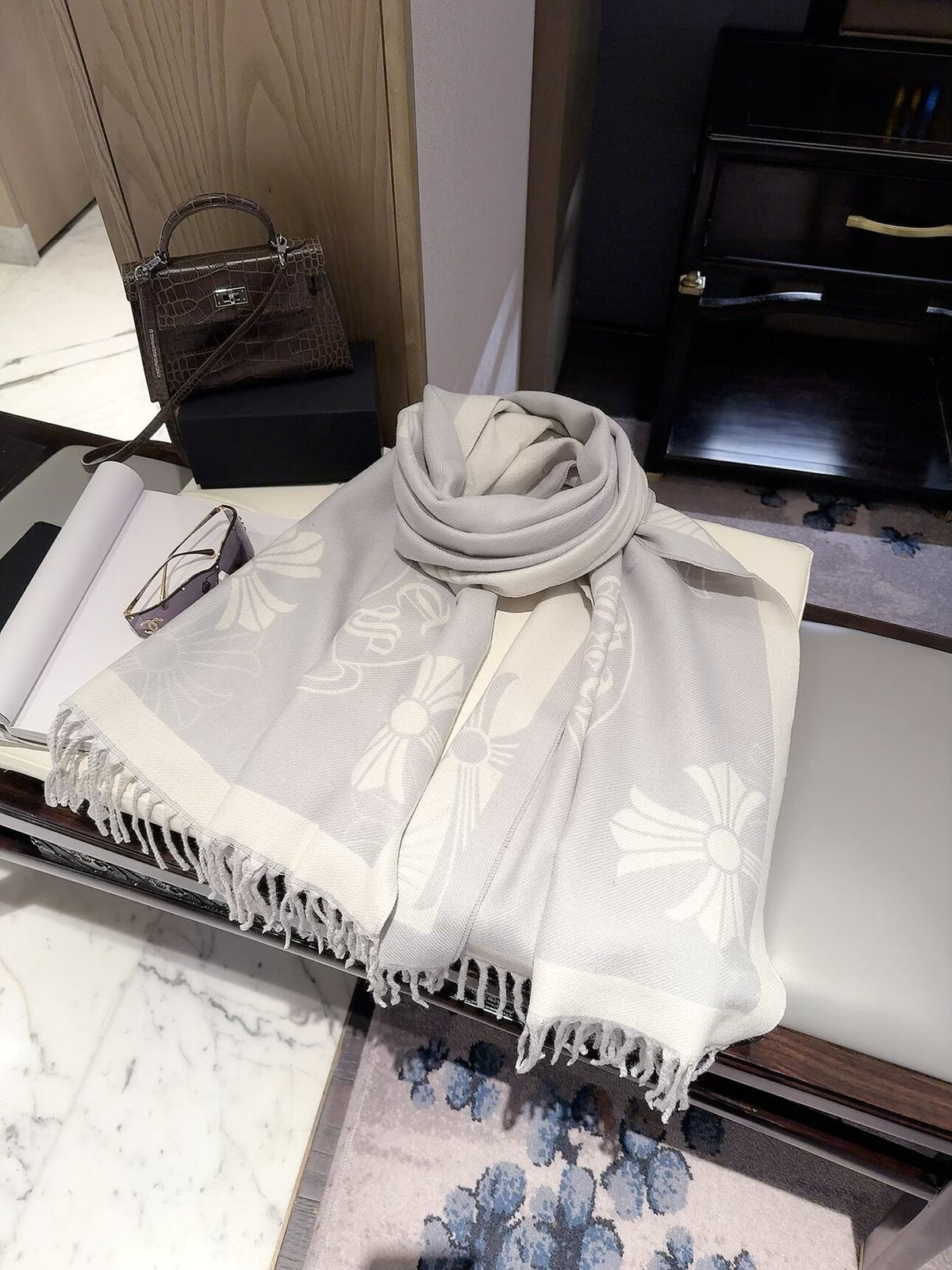 Chrome Hearts Style Cross Emblem Fringe Scarf