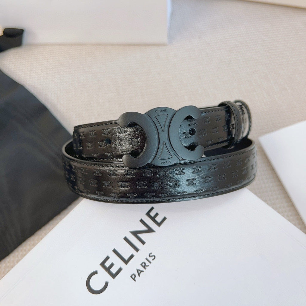 CELINE 25S BELT TRIOMPHE 25MM IN BLACK CALFSKIN DEBOSSED LOGO 563330