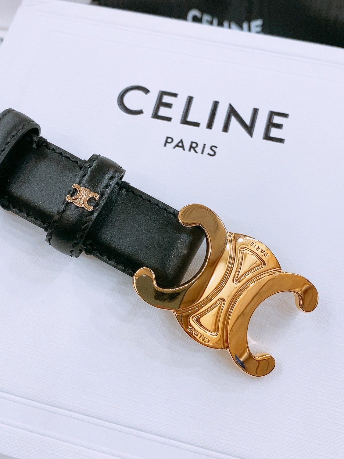 CELINE 25S TRIOMPHE BELT 25MM IN BLACK CALFSKIN GOLD HARDWARE 570969