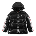 Moncler Tricolour Sleeve-Stripe Glossy Hooded Puffer Jacket | High-Sheen Shell