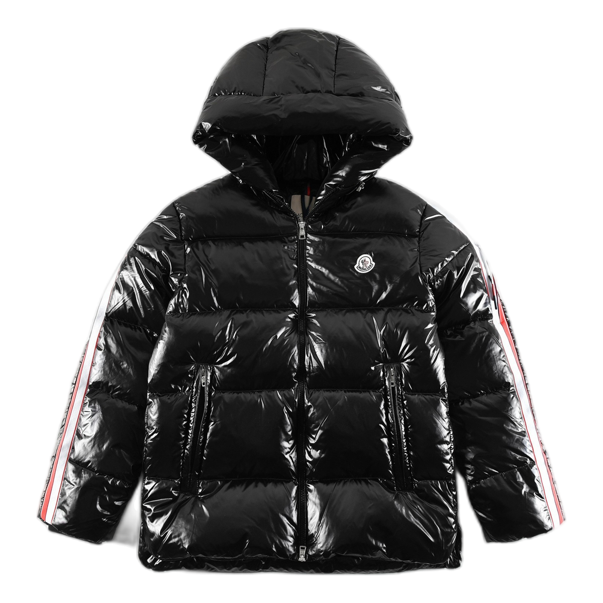 Moncler Tricolour Sleeve-Stripe Glossy Hooded Puffer Jacket | High-Sheen Shell