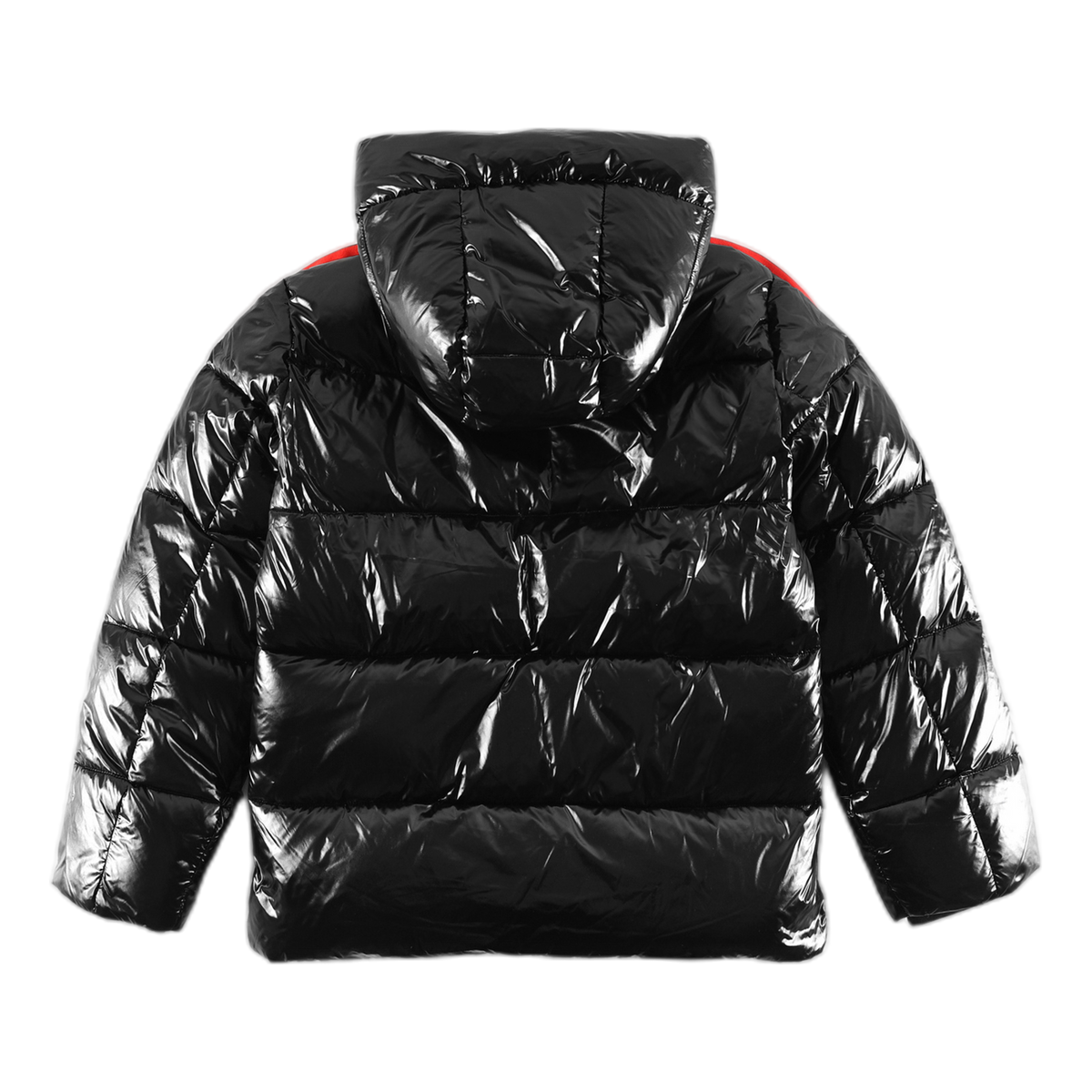 Moncler Tricolour Sleeve-Stripe Glossy Hooded Puffer Jacket | High-Sheen Shell