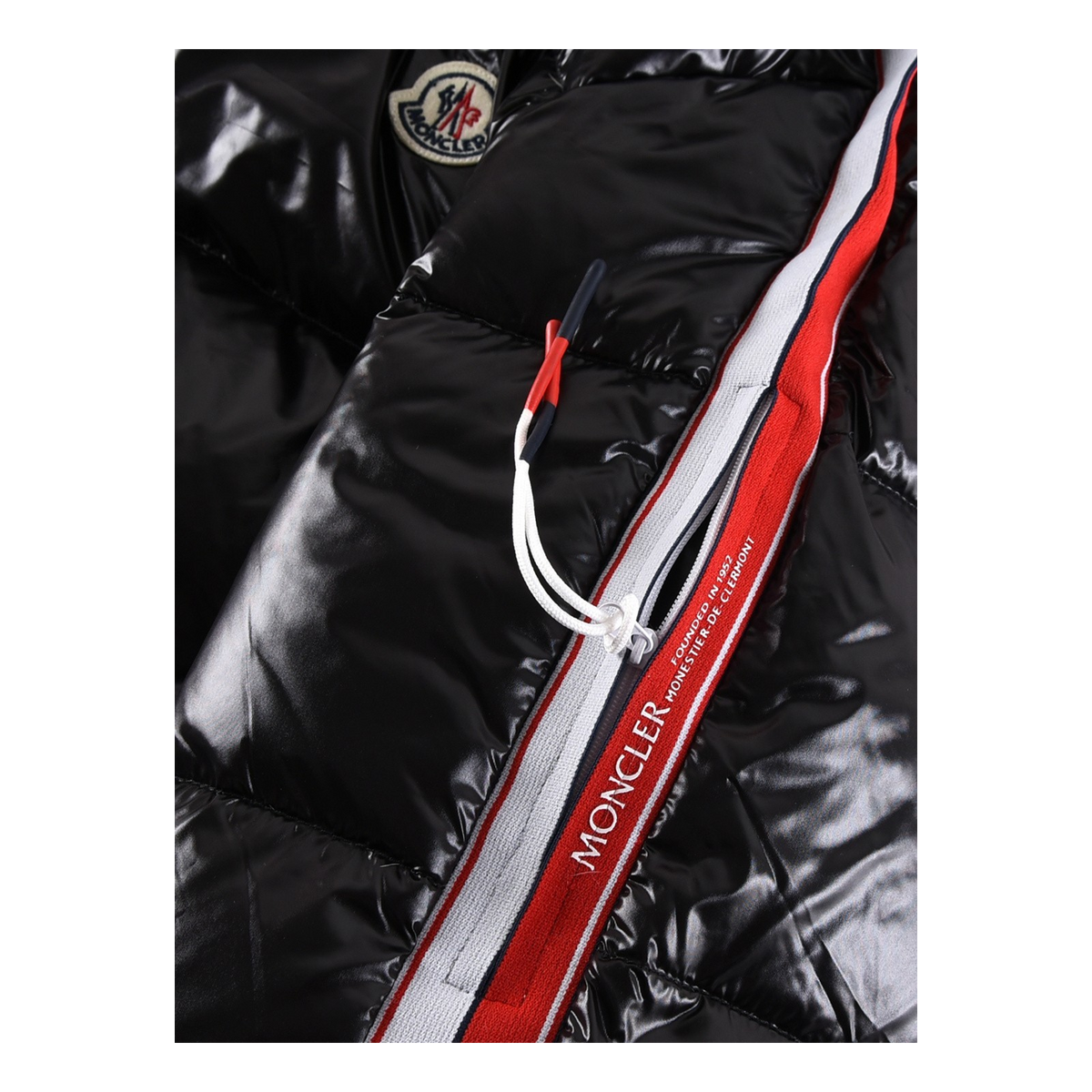 Moncler Tricolour Sleeve-Stripe Glossy Hooded Puffer Jacket | High-Sheen Shell