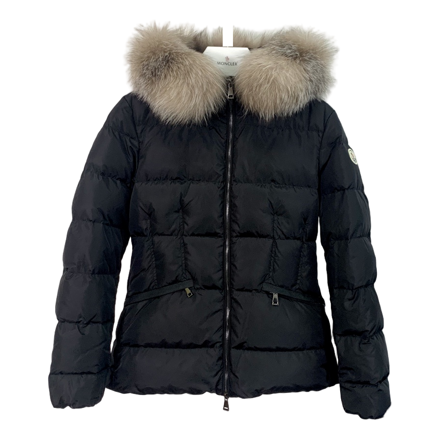 Moncler Cinched-Waist Fur-Trim Hooded Down Puffer Jacket — Black