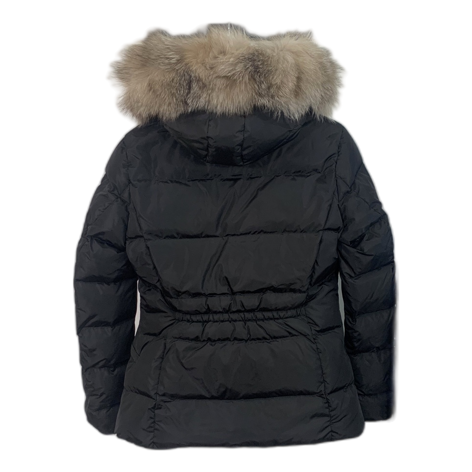 Moncler Cinched-Waist Fur-Trim Hooded Down Puffer Jacket — Black