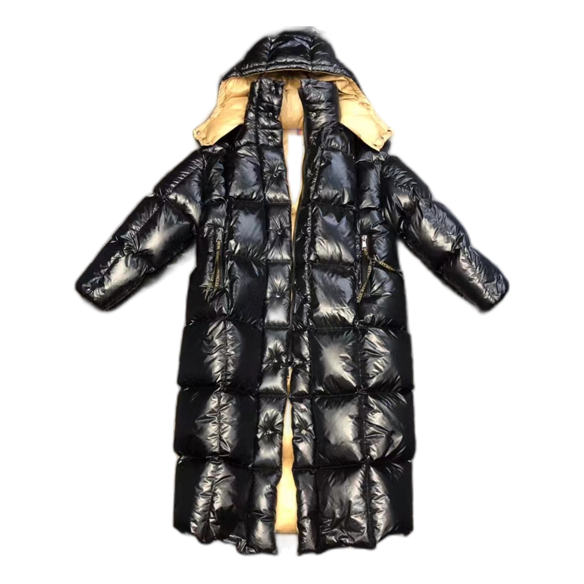 Moncler Gold-Lined Glossy Long Puffer Coat – Black