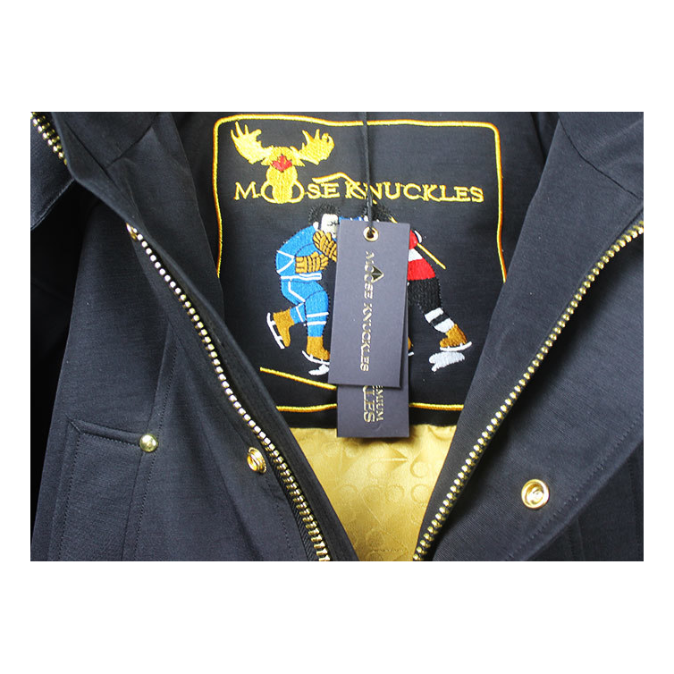 Moose Knuckles Stag Lake Gold-Trim Fur-Hood Parka – Black | Canadian Down