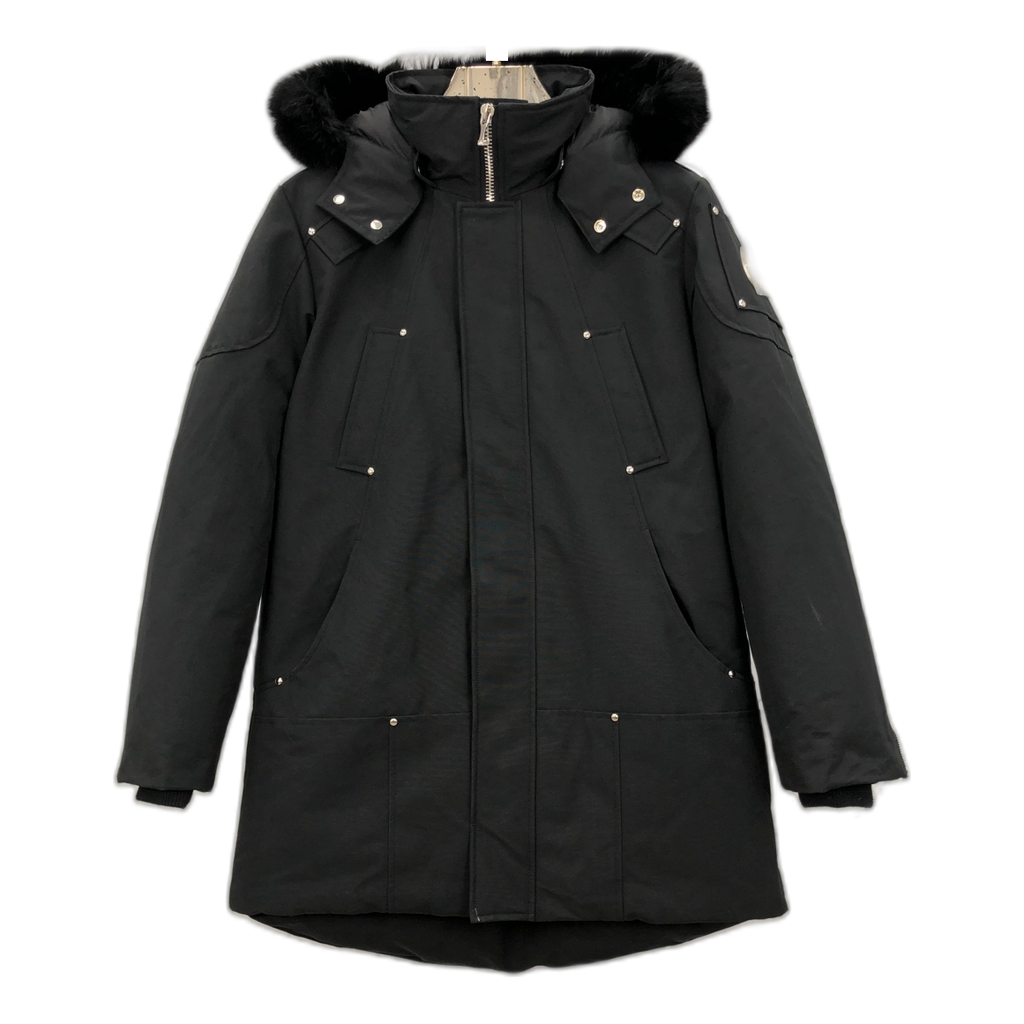 Moose Knuckles Curved-Hem Fur-Trim Hooded Parka – Black | Canadian Down