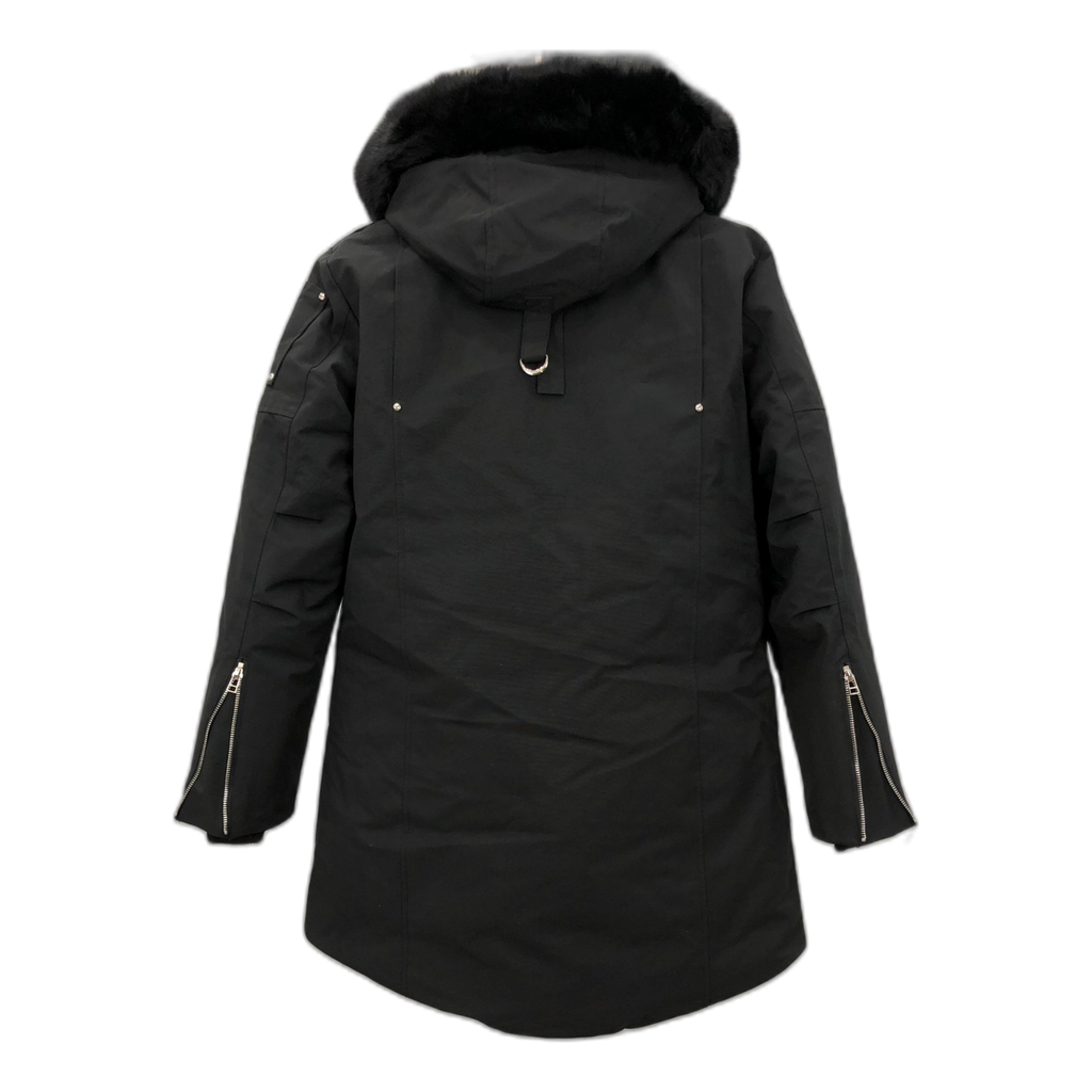 Moose Knuckles Curved-Hem Fur-Trim Hooded Parka – Black | Canadian Down