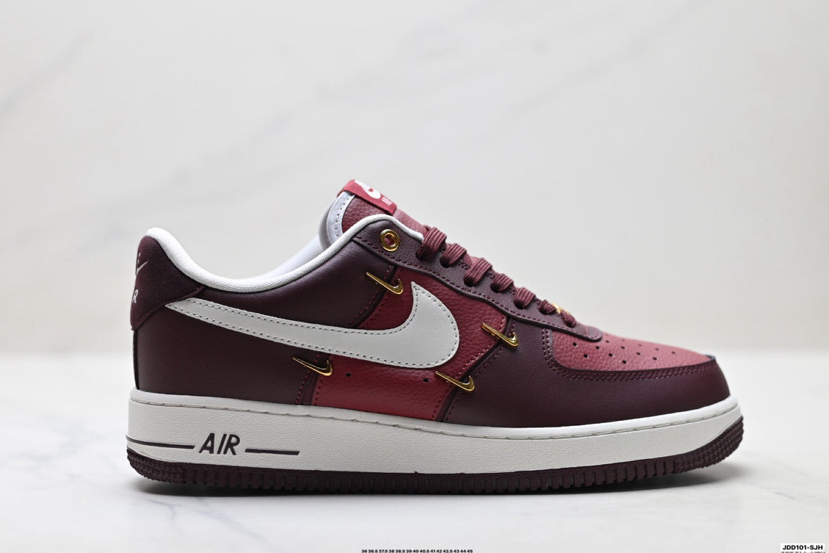 Nike Air Force 1 Low Burgundy White Gold Unisex Sneakers Style 02