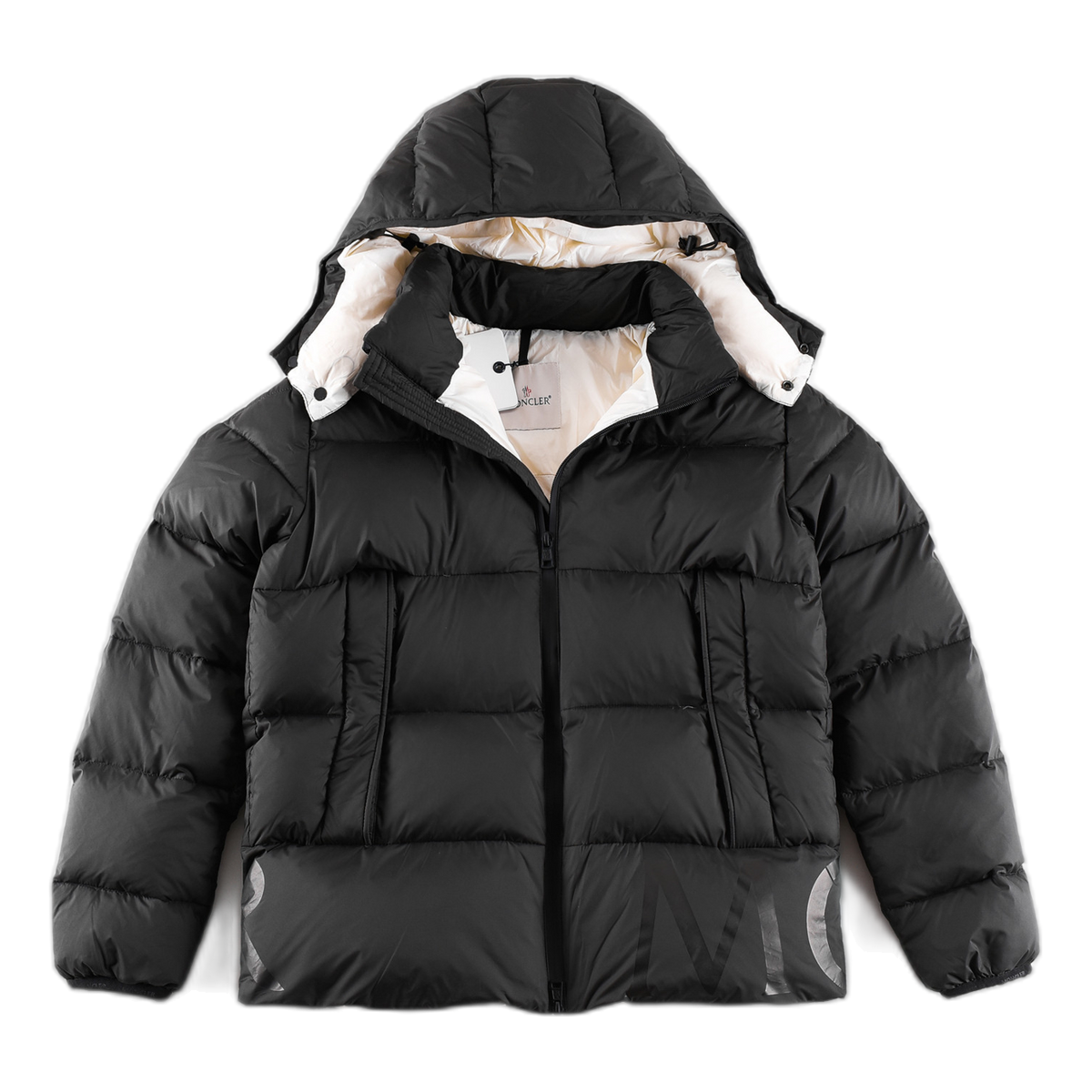 Moncler Contrast-Lined Logo-Hood Down Puffer Jacket — Black