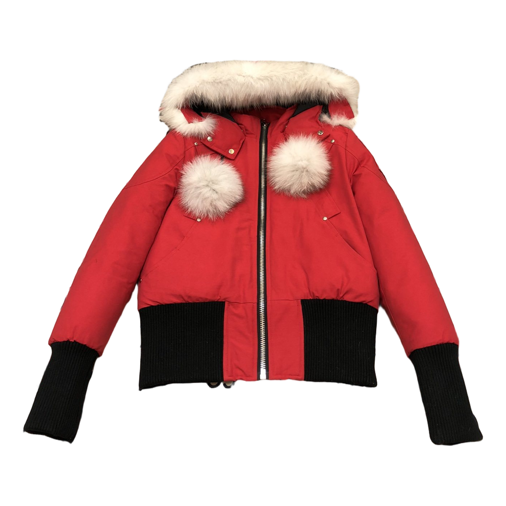 Moose Knuckles Debbie Pom-Pom Hooded Bomber Jacket – Red | Canadian Down