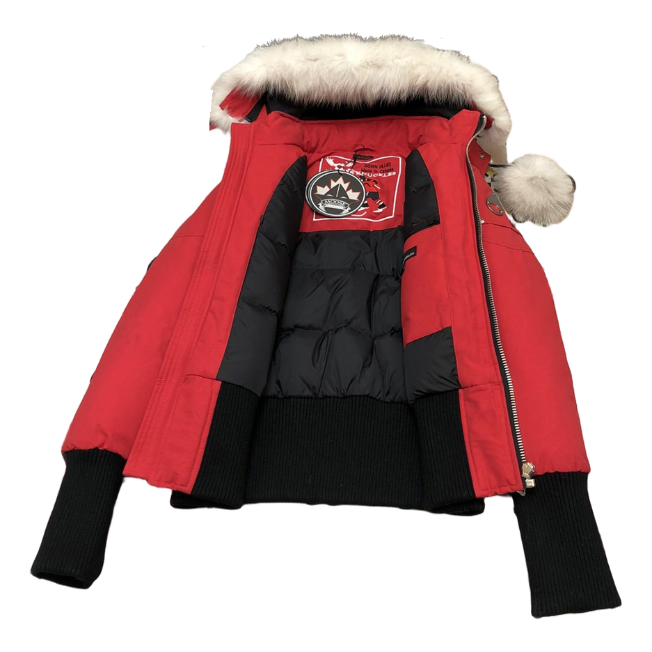 Moose Knuckles Debbie Pom-Pom Hooded Bomber Jacket – Red | Canadian Down