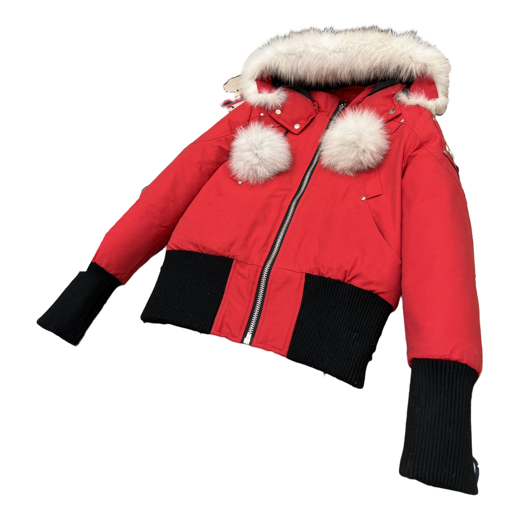 Moose Knuckles Debbie Pom-Pom Hooded Bomber Jacket – Red | Canadian Down