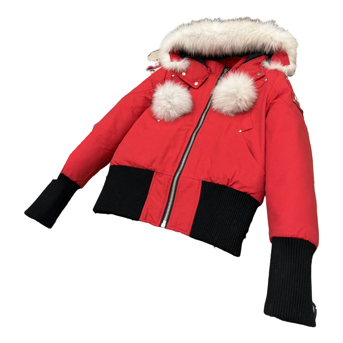 Moose Knuckles Debbie Pom-Pom Hooded Bomber Jacket – Red | Canadian Down