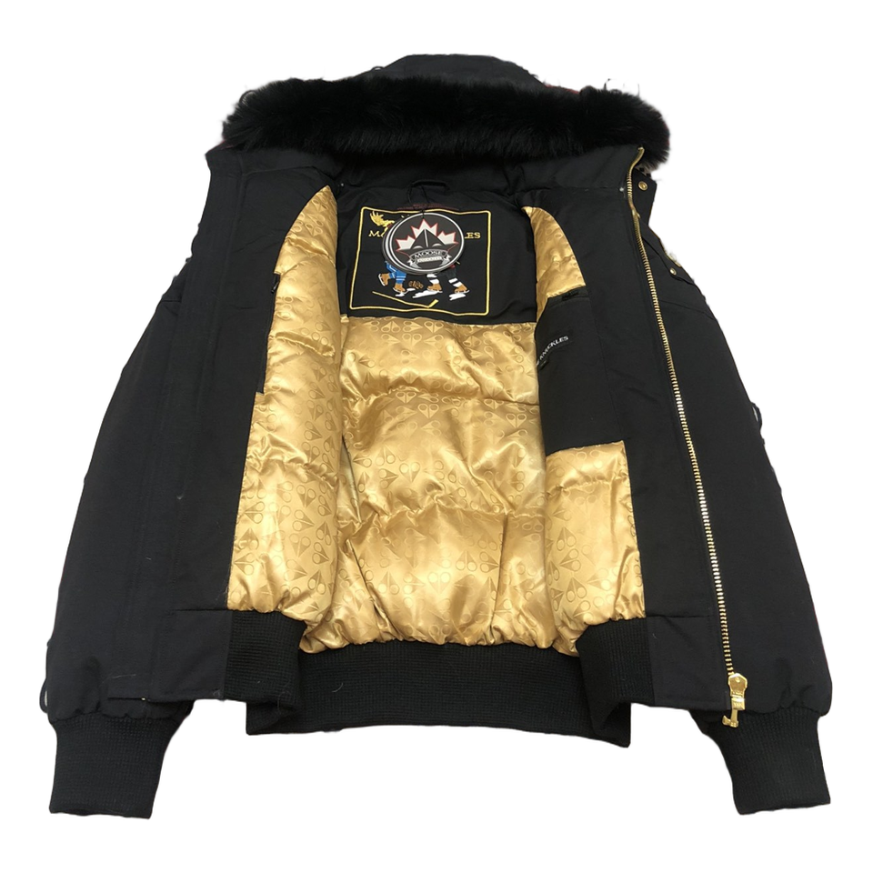 Moose Knuckles Gold Ballistic Fur-Trim Bomber – Black | Canadian Down