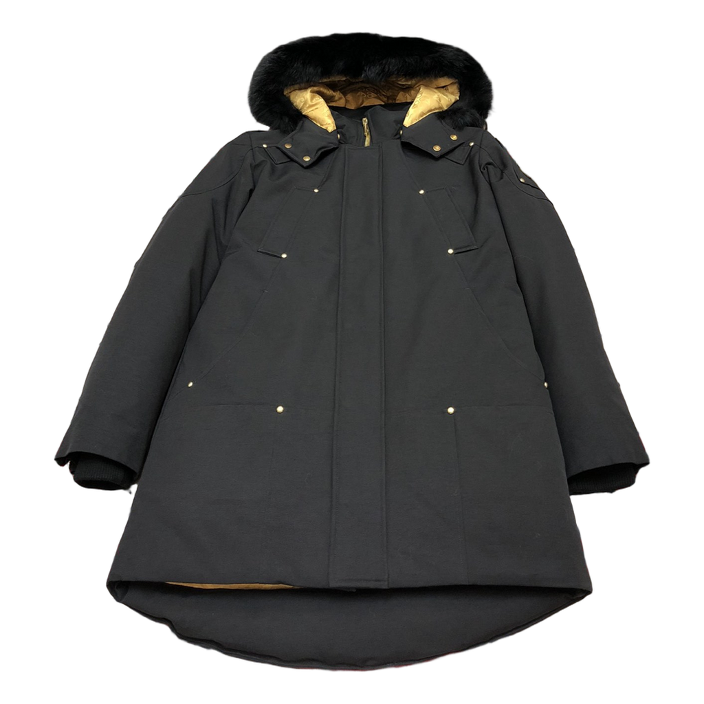 Moose Knuckles Gold-Lined Fur-Trim Long Parka – Black | Canadian Down