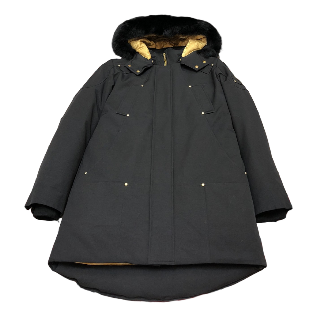 Moose Knuckles Gold-Lined Fur-Trim Long Parka – Black | Canadian Down