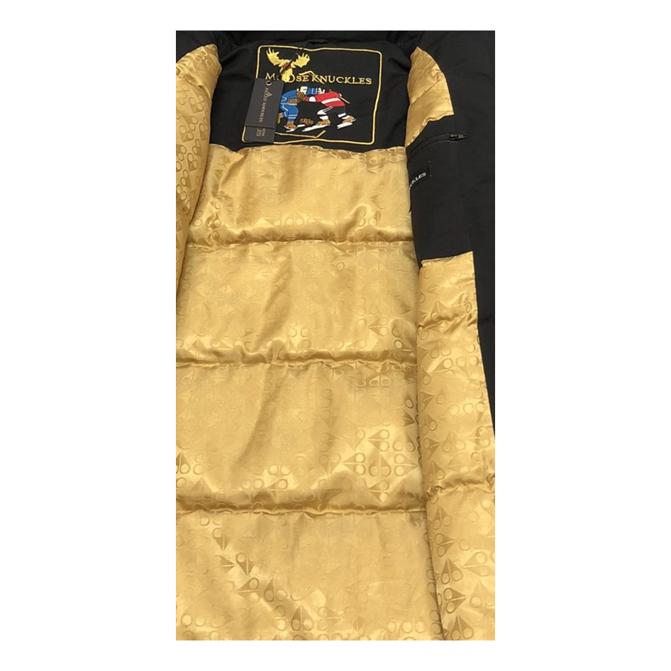Moose Knuckles Gold-Lined Fur-Trim Long Parka – Black | Canadian Down
