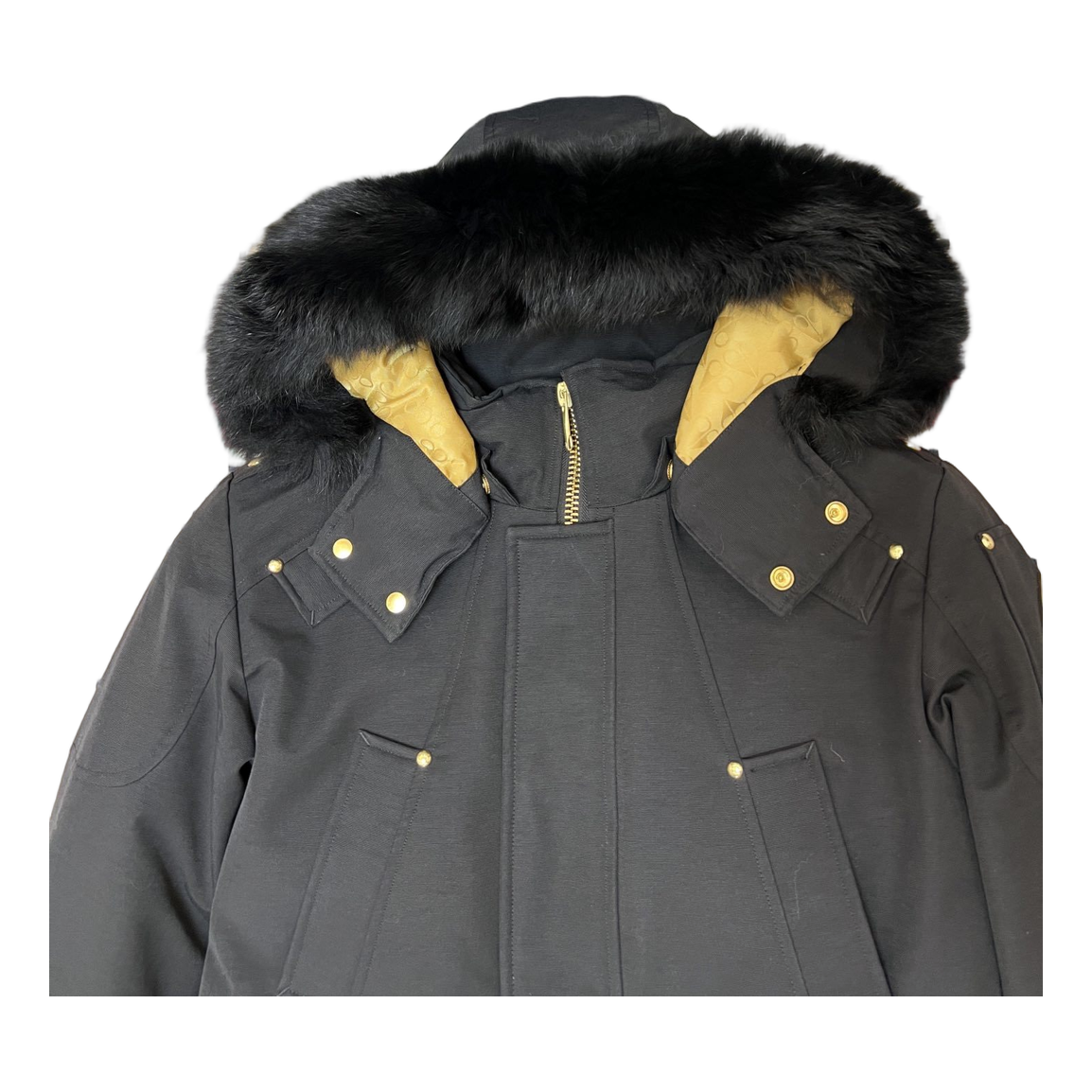 Moose Knuckles Gold-Lined Fur-Trim Long Parka – Black | Canadian Down