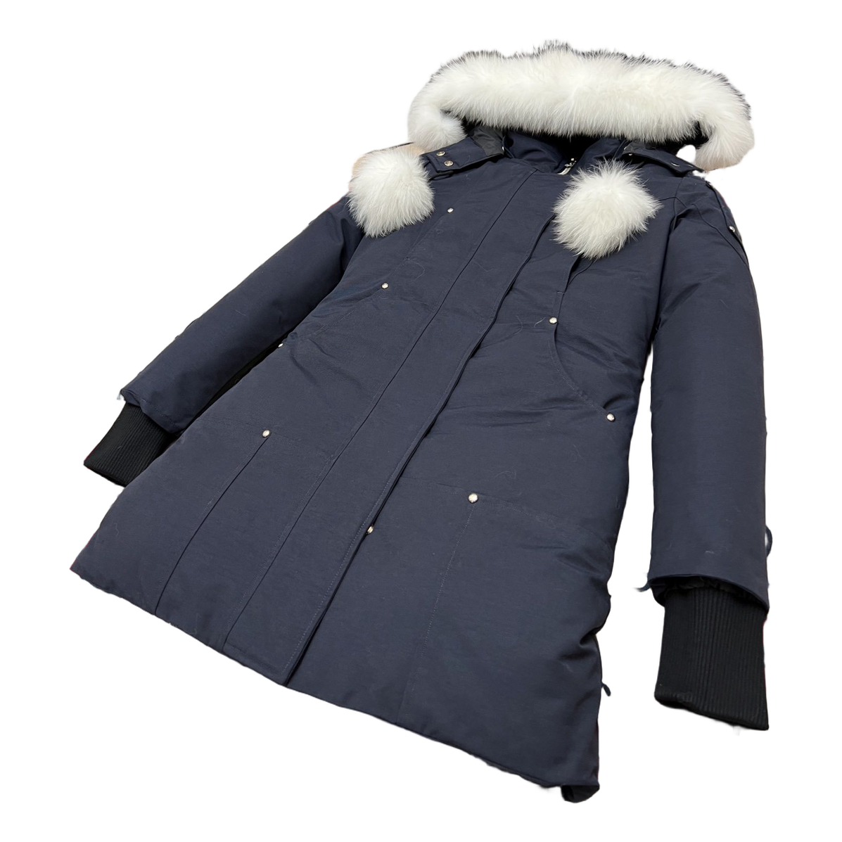 Moose Knuckles Stirling Pom-Pom Fur-Trim Parka – Navy | Canadian Down