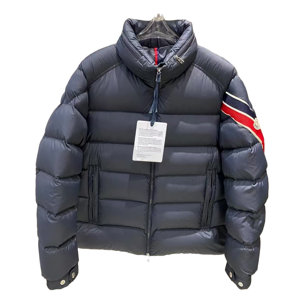 Moncler Tricolour Sleeve-Band Stand-Collar Puffer Jacket – Navy | Premium Down