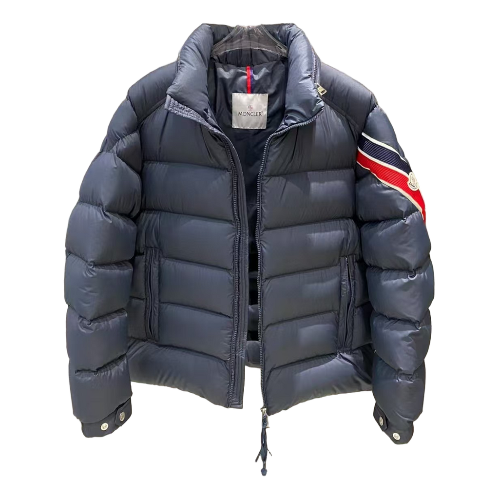 Moncler Tricolour Sleeve-Band Stand-Collar Puffer Jacket – Navy | Premium Down