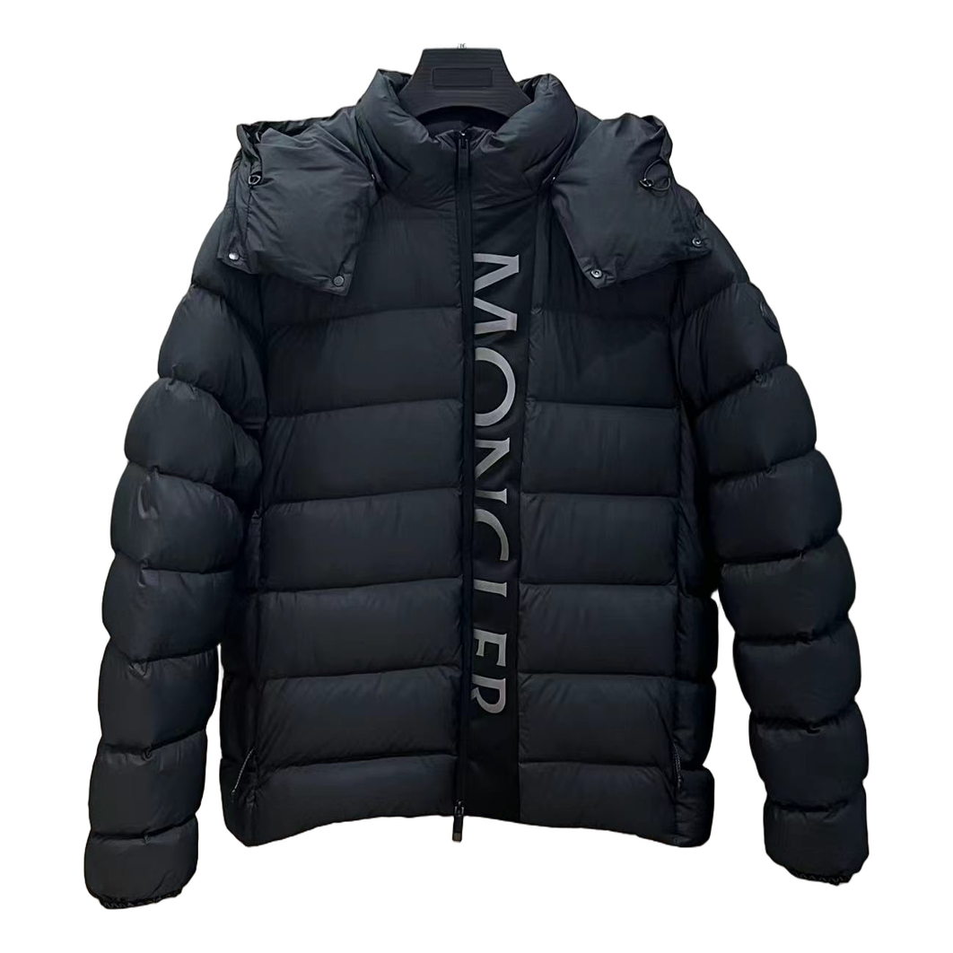 Moncler Vertical-Logo Placket Hooded Puffer Jacket – Black | Premium Down