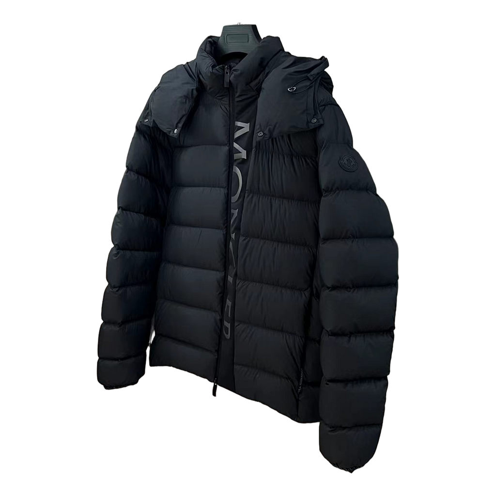 Moncler Vertical-Logo Placket Hooded Puffer Jacket – Black | Premium Down