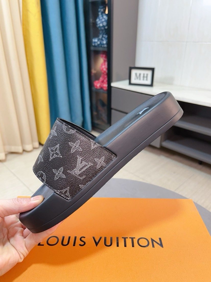 Louis Vuitton Men's Monogram Slide Sandals - Dark Brown and Black