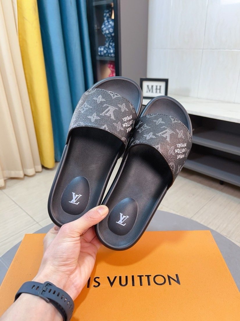 Louis Vuitton Men's Monogram Slide Sandals - Dark Brown and Black