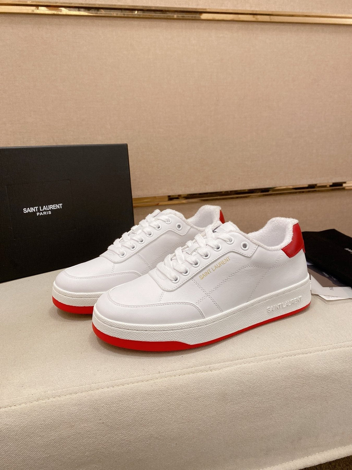 Saint Laurent White Red Perforated Low-Top Sneakers